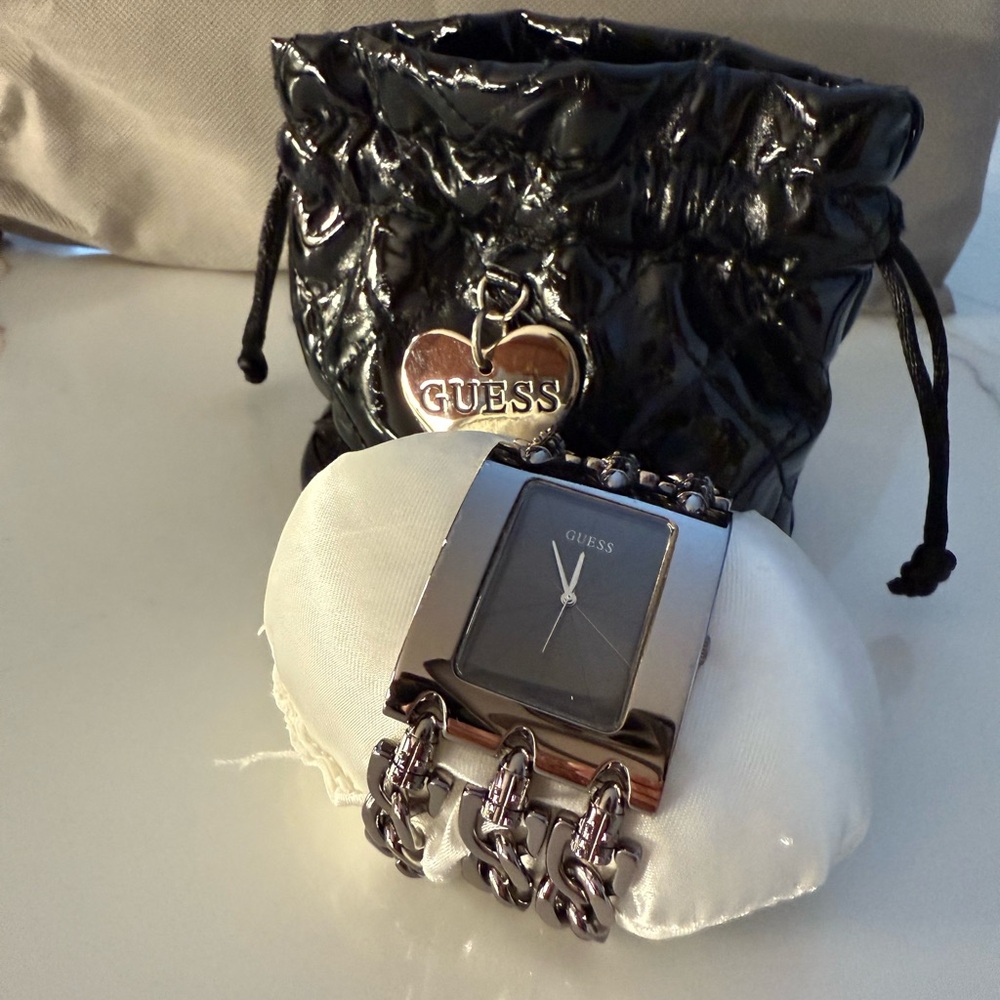GUESS Women's Watch with Silver Chain Band and Black Face